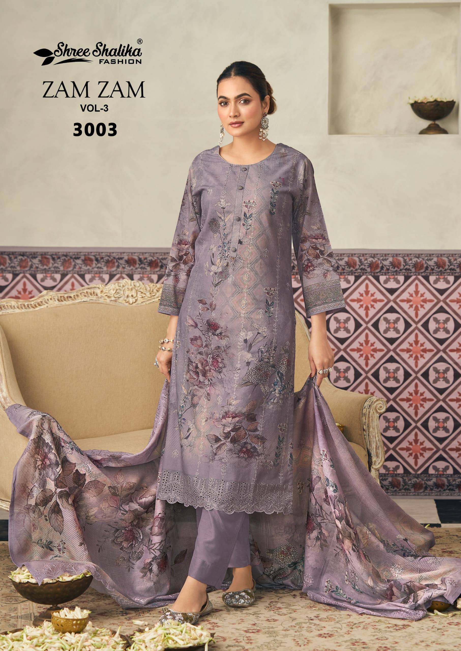 Zam zam  vol-3 by shree shalika 3001 To 3008 Designer Festive Suits Collection Beautiful Stylish Fancy Colorful Party Wear & Occasional Wear EMBROIDERED cotton lawn Dresses At Wholesale Price